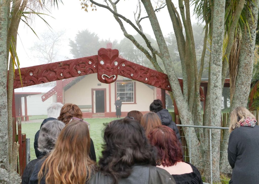 Participants in the integrative nurse coaching workshop are welcomed on to Te Kôpua Marae, on a foggy morning in Te Awamutu.